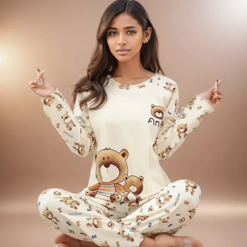 Long Sleeved Cartoon Bear Casual Wear Sleepwear Set
