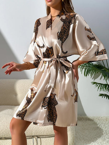 Kimono Leopard Print Short Sleeve Tie Waist Night Robe Sleepwear