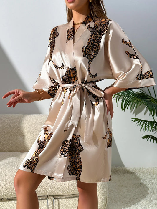 Kimono Leopard Print Short Sleeve Tie Waist Night Sleepwear Loungewear Robe