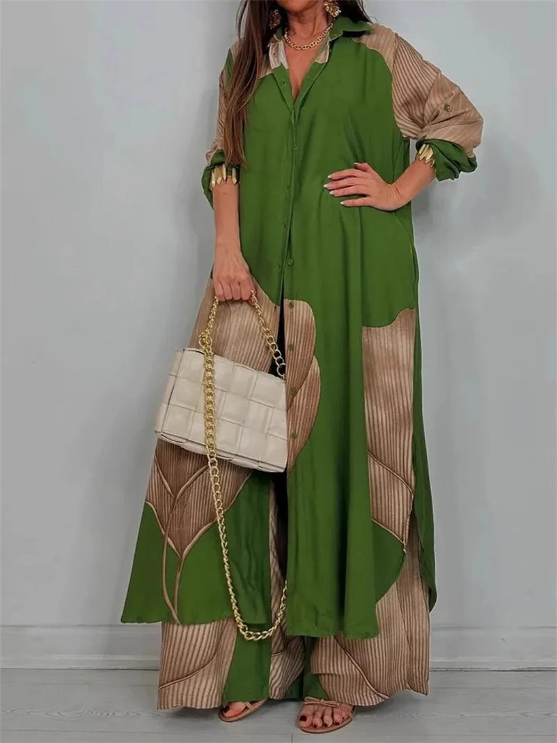 Casual Color Blocked Loose Shirt Top and Pants Two-piece Set