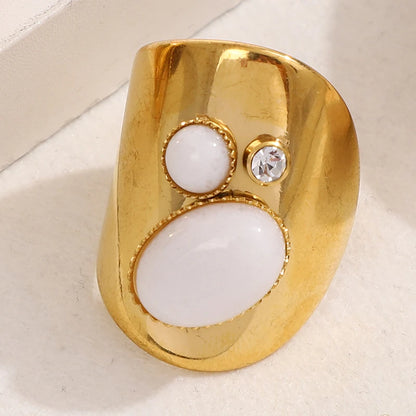 Retro Wide Stainless Steel Vintage Boho Natural Stones Zircon Rings