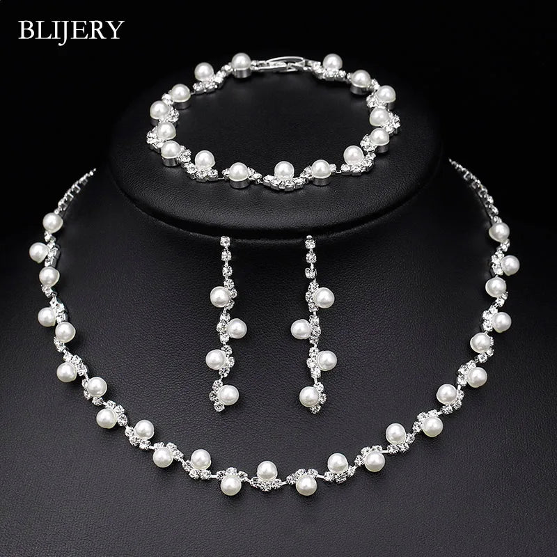 Simulated Pearl Crystal Necklace Jewelry Sets