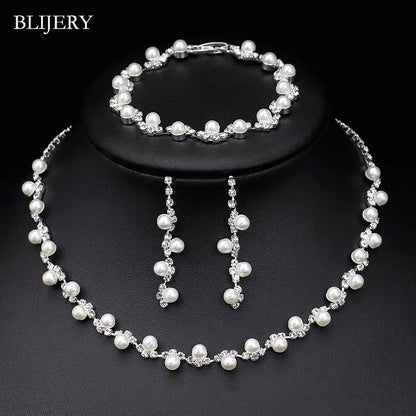 Simulated Pearl Crystal Necklace Jewelry Sets