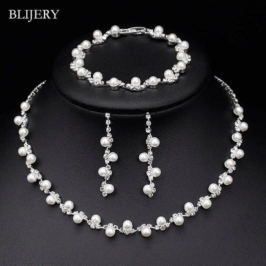 Simulated Pearl Crystal Necklace Jewelry Sets