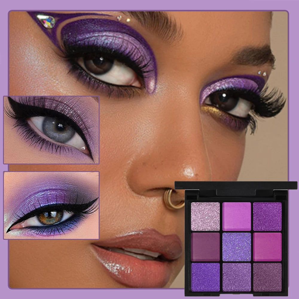9-Grid Red Palette Purple Glitter Pearlescent Matte EyeShadow