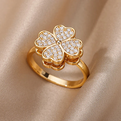 Chain Hollow Out Gold Stainless Steel Zircon Cross Ring