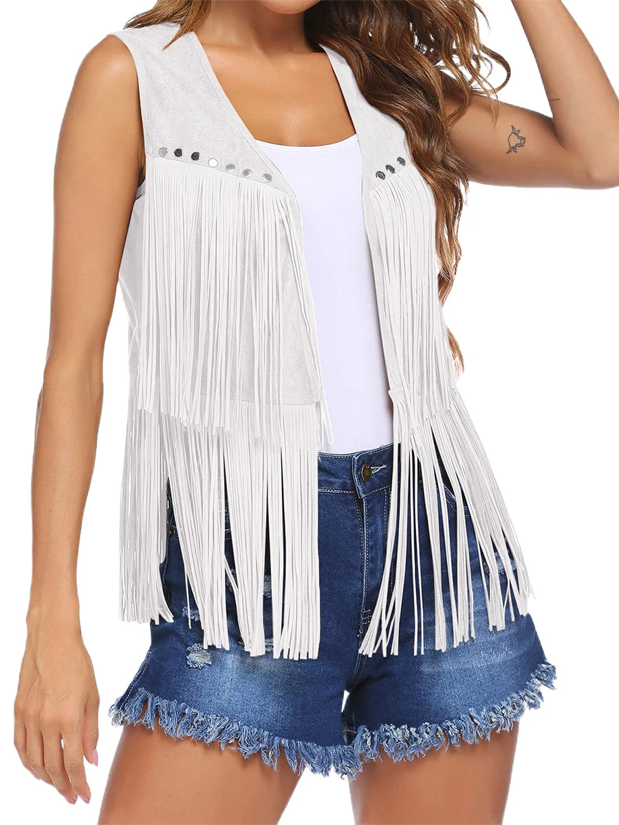 Tassel Vest 70s Hippie Faux Suede Rivets Sleeveless Fringe Jacket