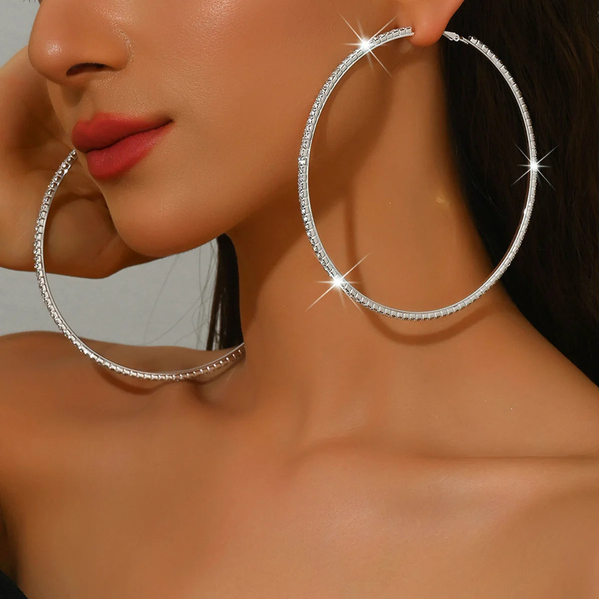 Rhinestones Shiny Crystal Big Round Hoop Earrings