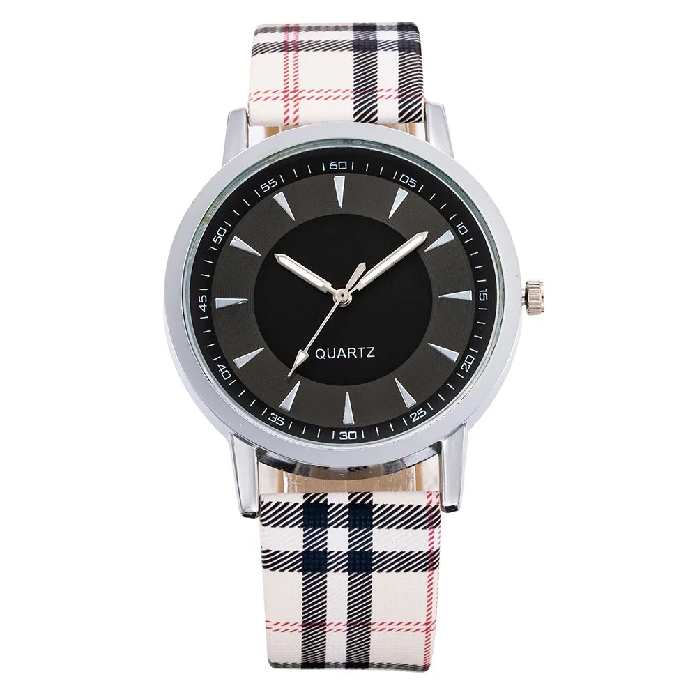Vintage Plaid Leather Strap Quartz Wristwatches Watch