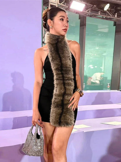 Backless Fluff Off Shoulder Skinny Peach Hip Dress