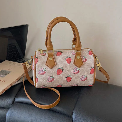Crossbody Cherry Pattern PU Leather Boston Handbag Shoulder Bags
