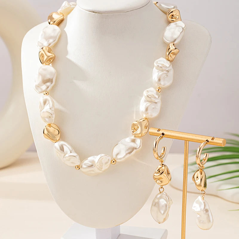 Elegant Palace Style Pearl Necklace Earring Jewelry Set