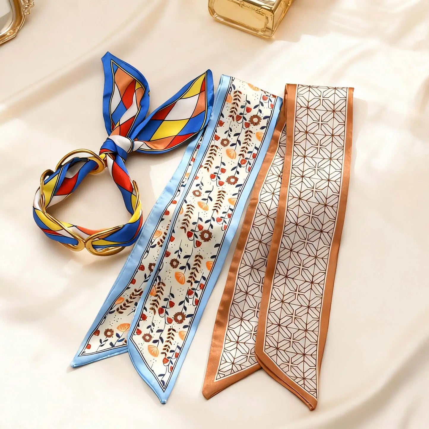 Luxury Simulated Silk Printed Silk Scarf Cuff Stainless Steel Hollow Open Cuff Bracelets