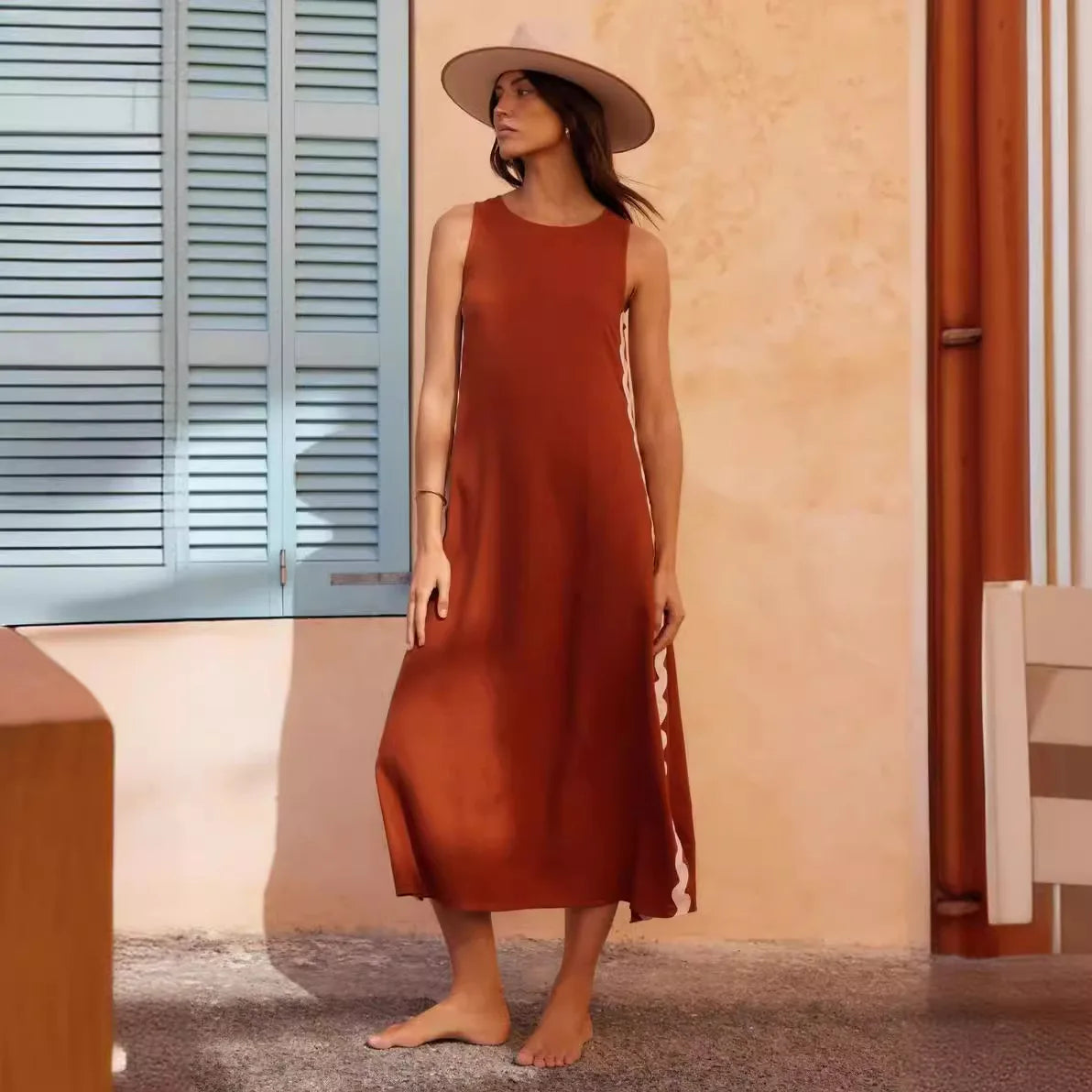 Summer Loose Casual O-neck Sleeveless Split Vintage Midi Dress