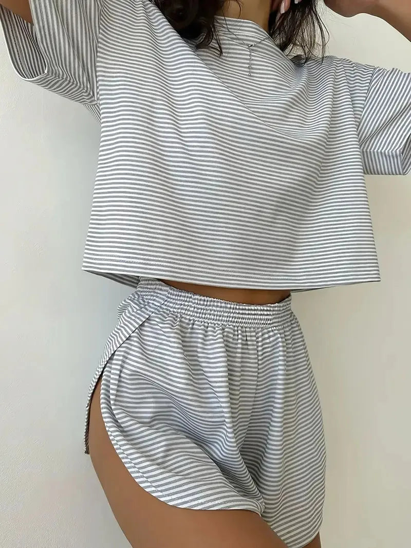 Striped Short-Sleeved T-Shirt and Shorts Home Wear Pajama