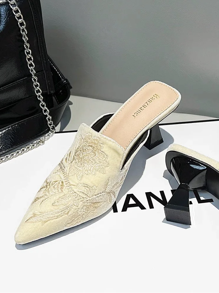 Elegant Velvet Mule Heels Pointed Toe Cone Heel Shoes