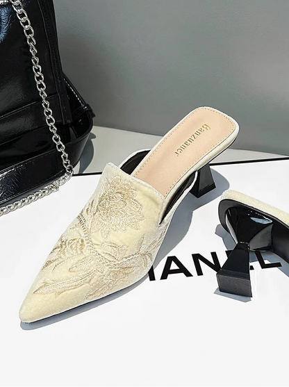 Elegant Velvet Mule Heels Pointed Toe Cone Heel Shoes