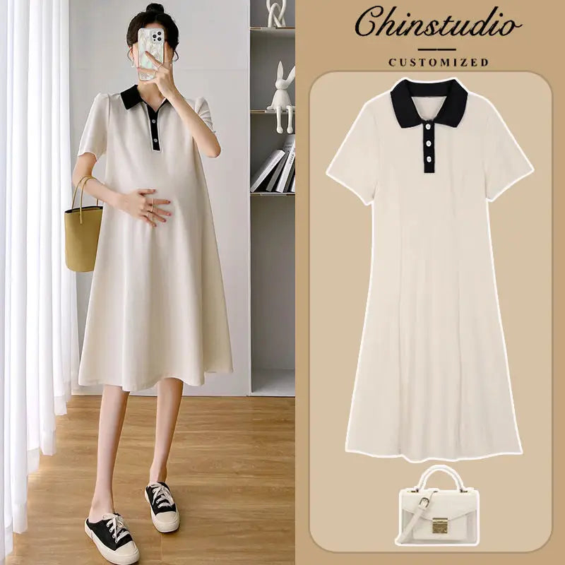 Maternity Short Sleeve Polo Lapel Maternity Maternity Dress