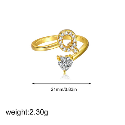 Gold Letter Open Heart Shape Cubic Zirconia  A-Z 26 Letter  Lnitials Rings