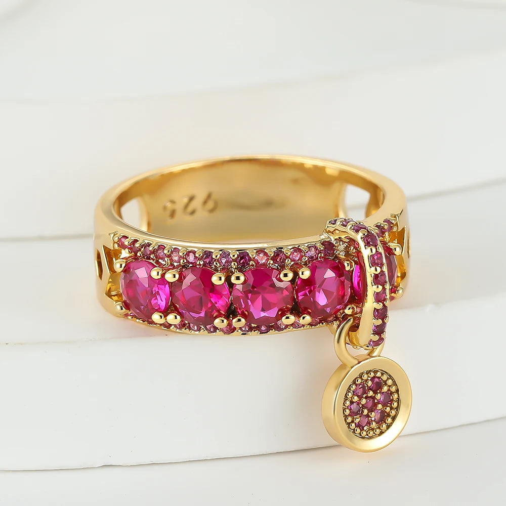 Luxury Rose Red Stone Pink Zircon Round Dangle Ring