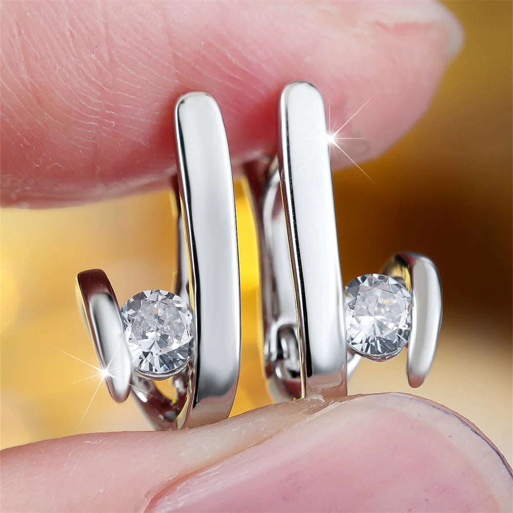 White Zircon Round Stone Geometric Hoop Earrings