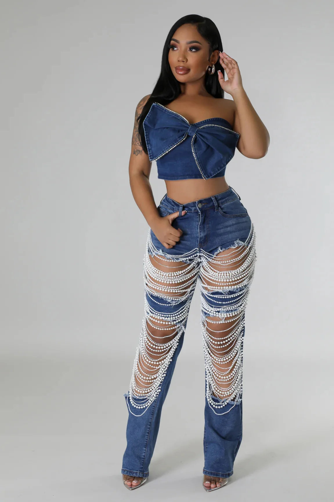 Ripped Straight Diamonds Chain Stretch High Waist Jeans Pants