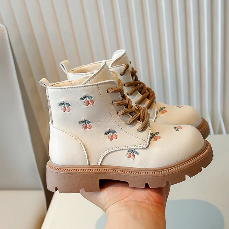 Ankle Sweet Embroider Spring Autumn Leather Boots