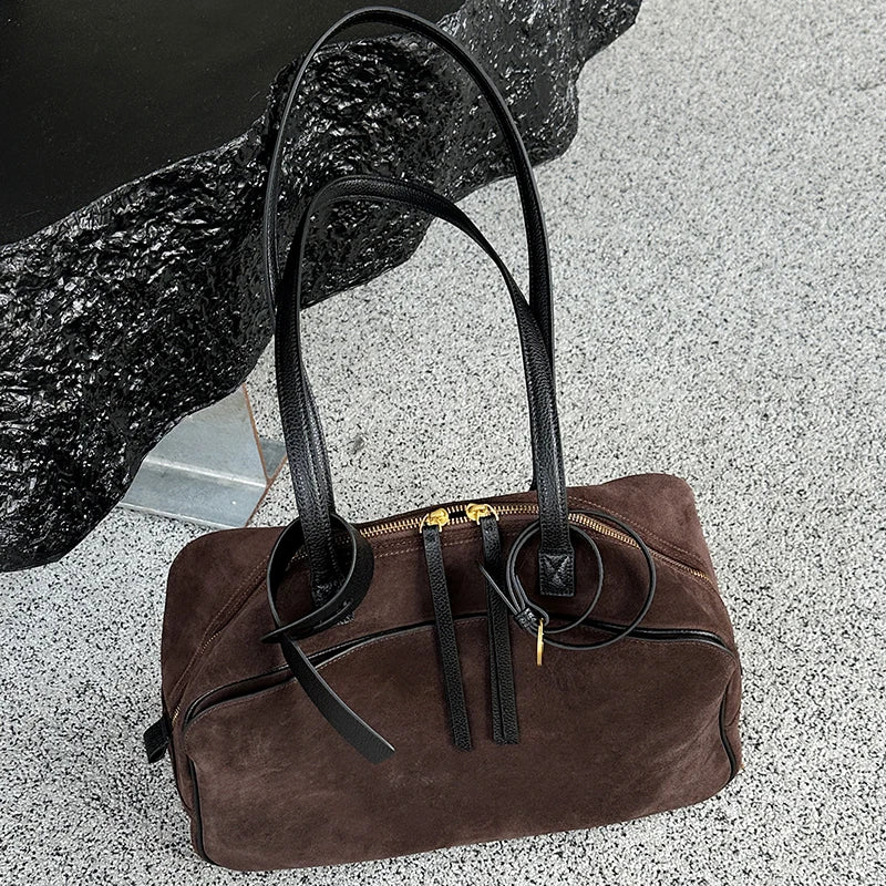 Autumn Winter Cow Genuine Leather Tote Suede Large Capacity Velvet Bags