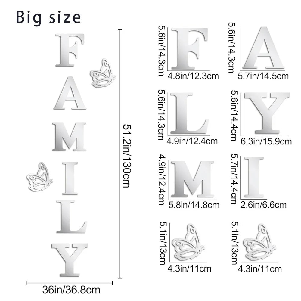 Two butterflies English Letters Family 3D Mirror Wall Stickers