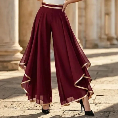 Spliced Rolled Hem Layered Chiffon Wide-Leg Pants
