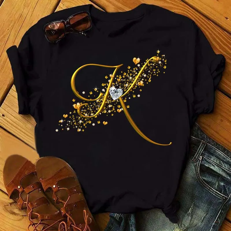Custom Name Letter Diamond Gold Letter T-shirt