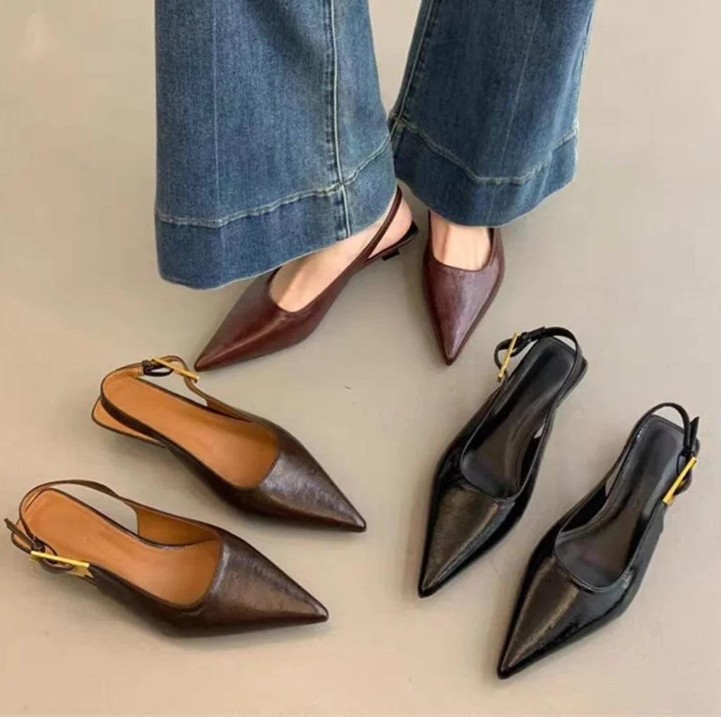 Shallow Slip on Elegant Slingback Thin Med Heel Shoes