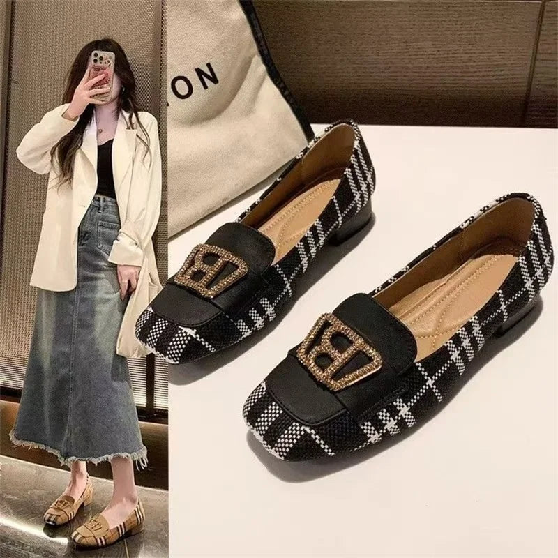 Square Toe Low Heel Hong Kong Style Metal Rhinestone Buckle Flats