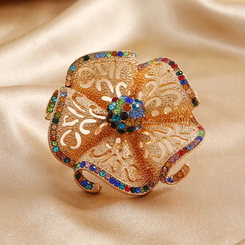 Luxury Big Flower Zircon Classic Hollow Gold Adjustable Ring