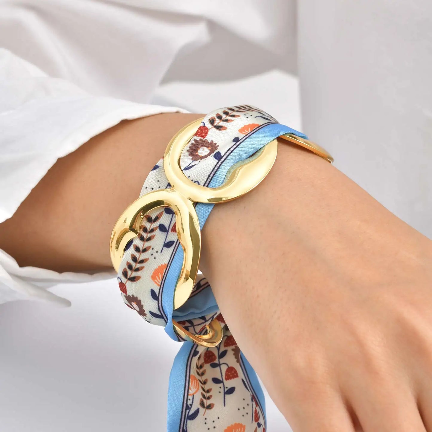 Luxury Simulated Silk Printed Silk Scarf Cuff Stainless Steel Hollow Open Cuff Bracelets