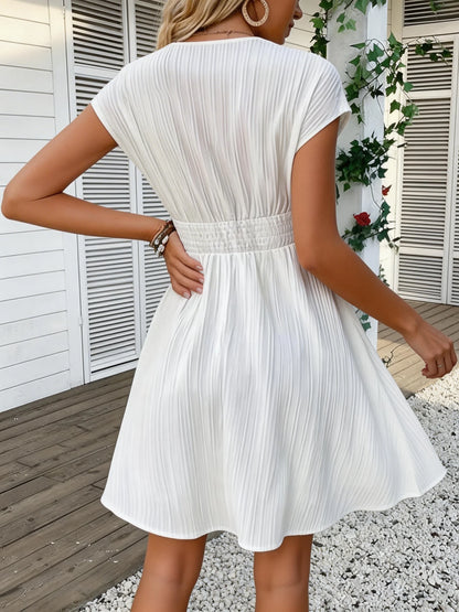 French Lace V-neck Fitted Short Puff Sleeves Dress