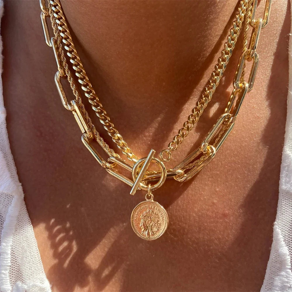 Vintage Punk Gold-plate Thick Chain Head Portrait Coin Pendant Necklace