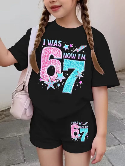 67 Six Seven Cute Bows Flowers Print Short Sleeve T-Shirt Set