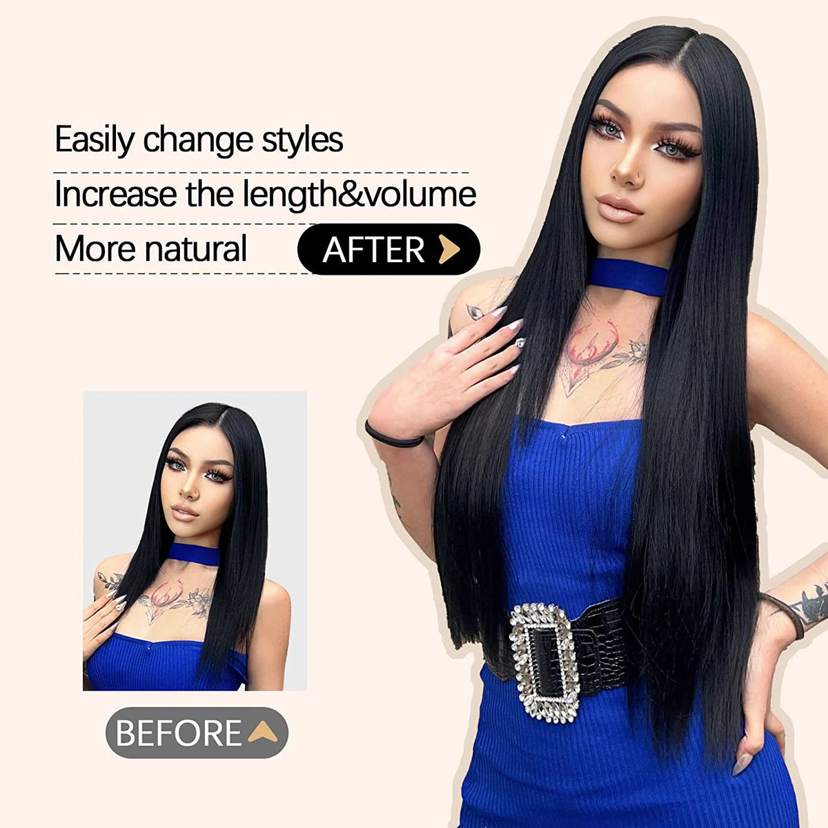 Synthetic Long Straight Clip In One Piece Hair Extension 5 Clips Fake Hair