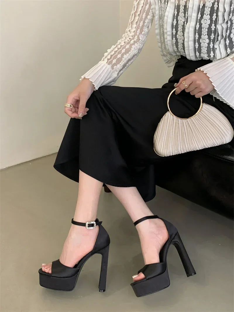 Black High Heels Silk Square Toe Shoes