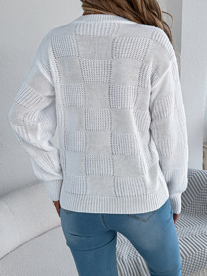 Solid Plaid Round Neck Long Sleeve Knit Cozy Sweaters