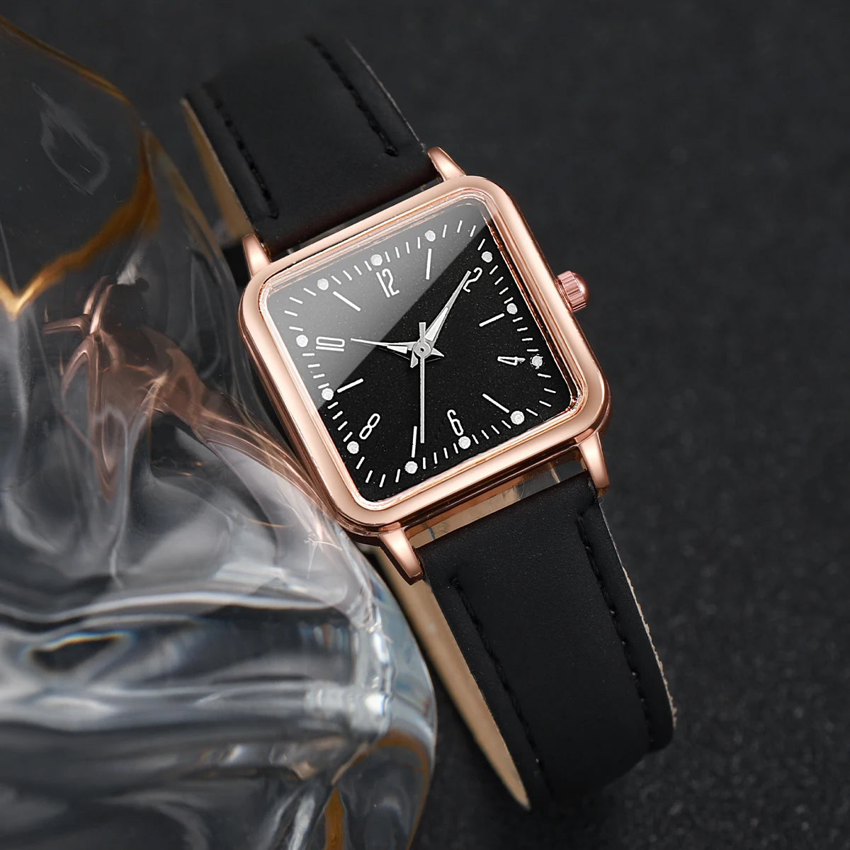 Square Leather Quartz Watches Heart Bracelet Set