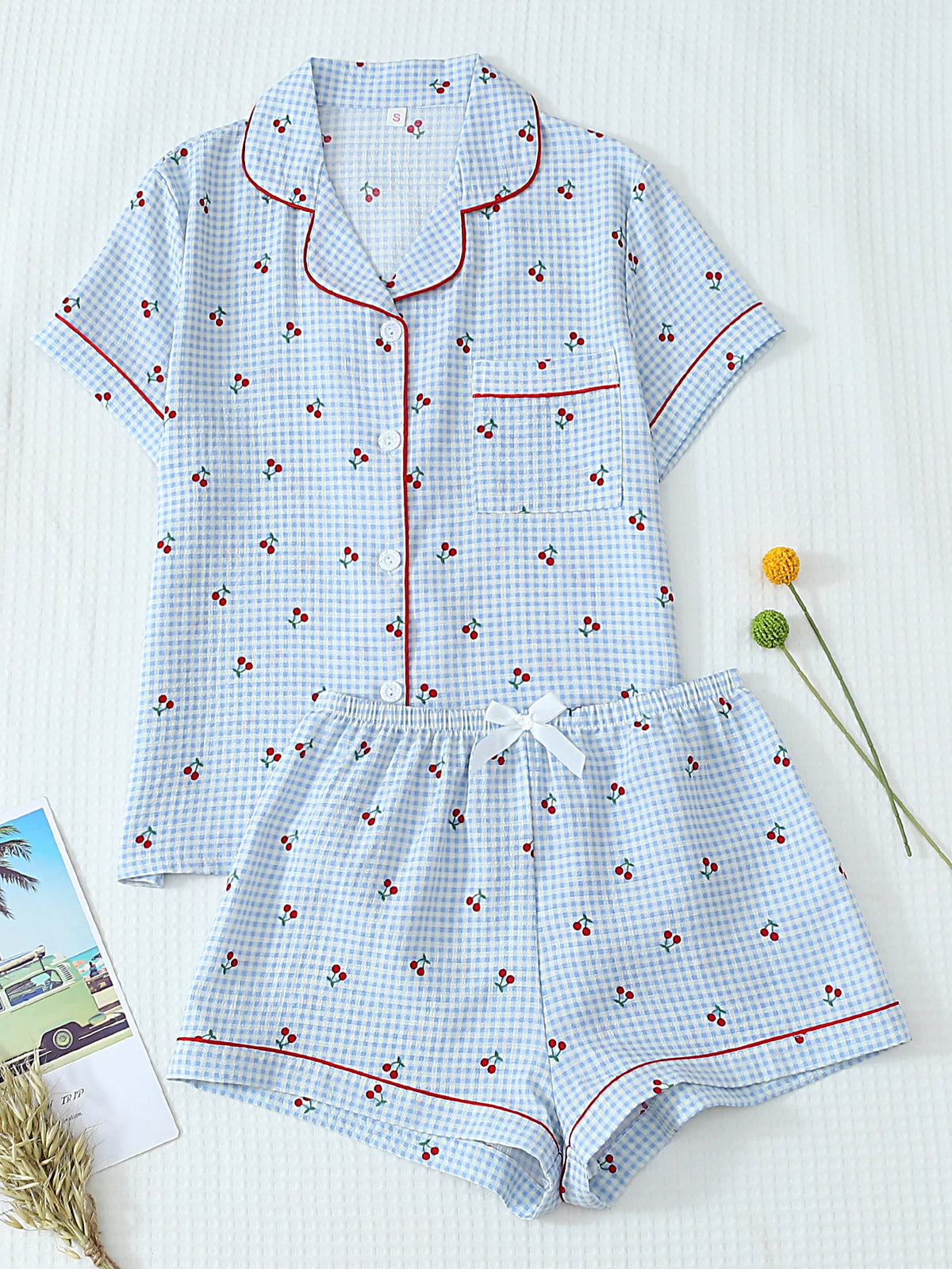 Cardigan Lapel Short Sleeve  Loungewear Cherry Print Pajama Sets