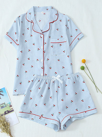 Cardigan Lapel Short Sleeve  Loungewear Cherry Print Pajama Sets