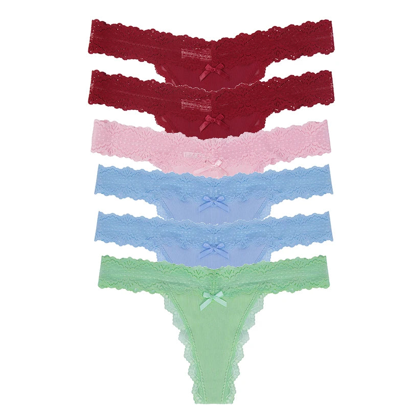 6pcs/Set Perspective Floral Panties Lace Thongs Low Waist G-string