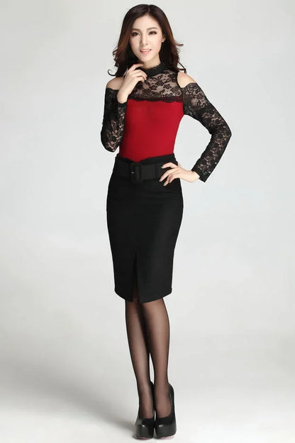 large size high waist mid-length wool skirt