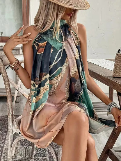 Sleeveless Crew Neck Striped Print Sexy Mini Dress