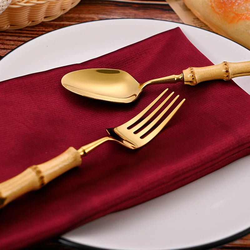 Natural Bamboo Handle Cutlery Set Stainless Steel Tableware Set