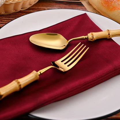 Natural Bamboo Handle Cutlery Set Stainless Steel Tableware Set