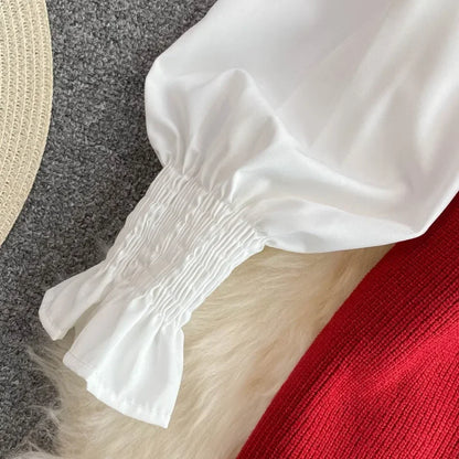 Chic Age-Reducing Long Sleeve White Shirt Sweater Loose Fit Knit Vest Pullover Set